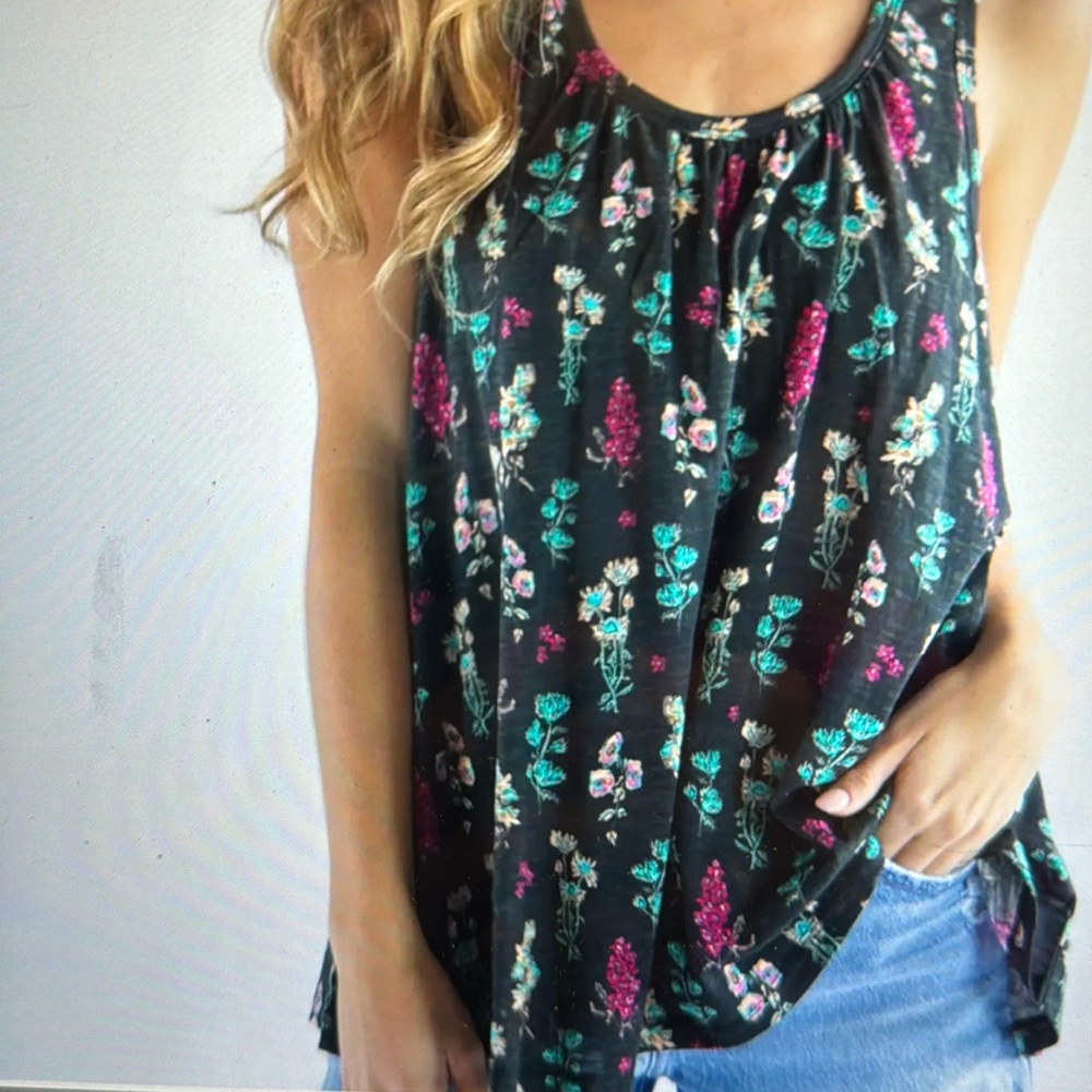 NATURAL LIFE Black Floral Tank Top with Teal & Magenta Accents